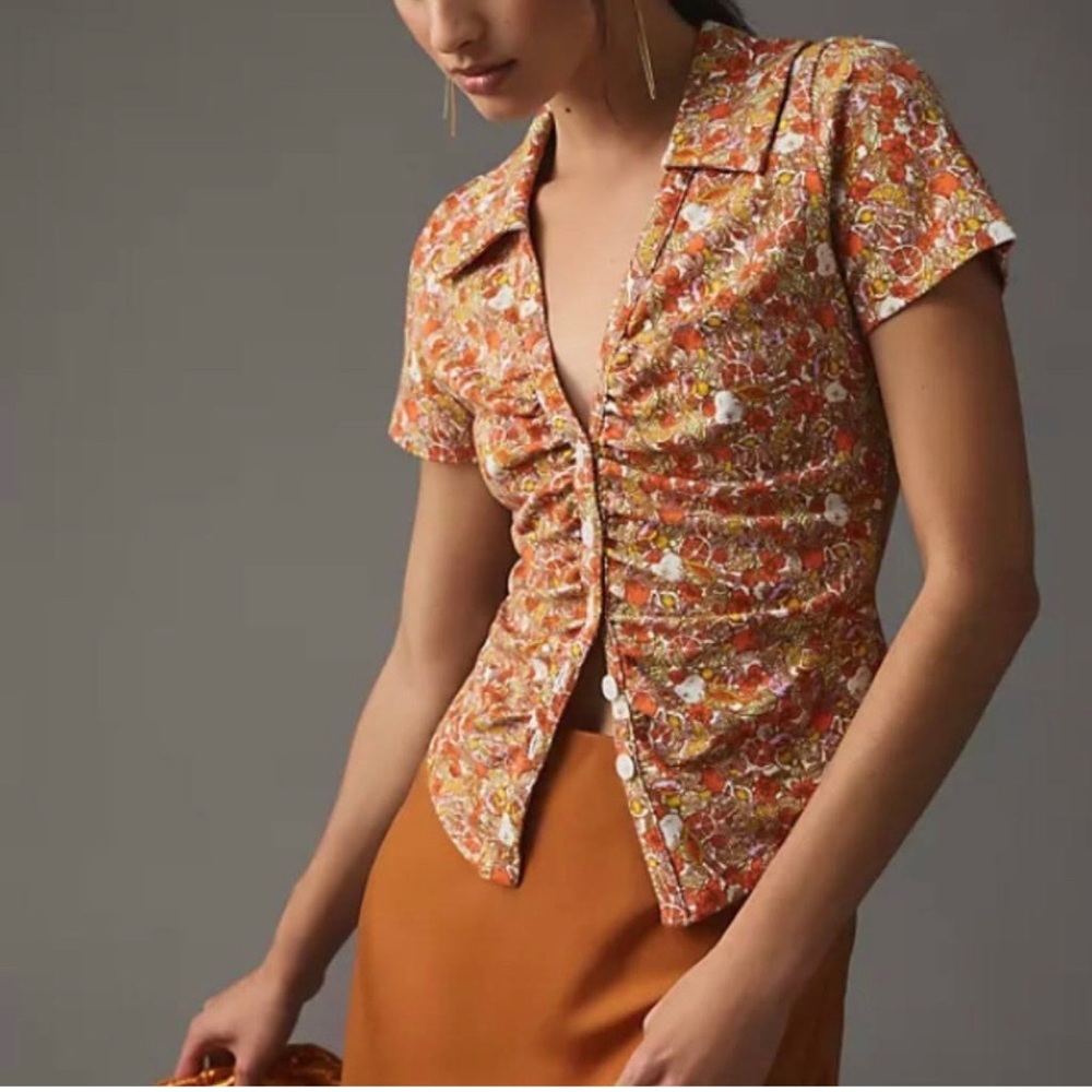 Anthropologie Maeve ruched t shirt in citrus